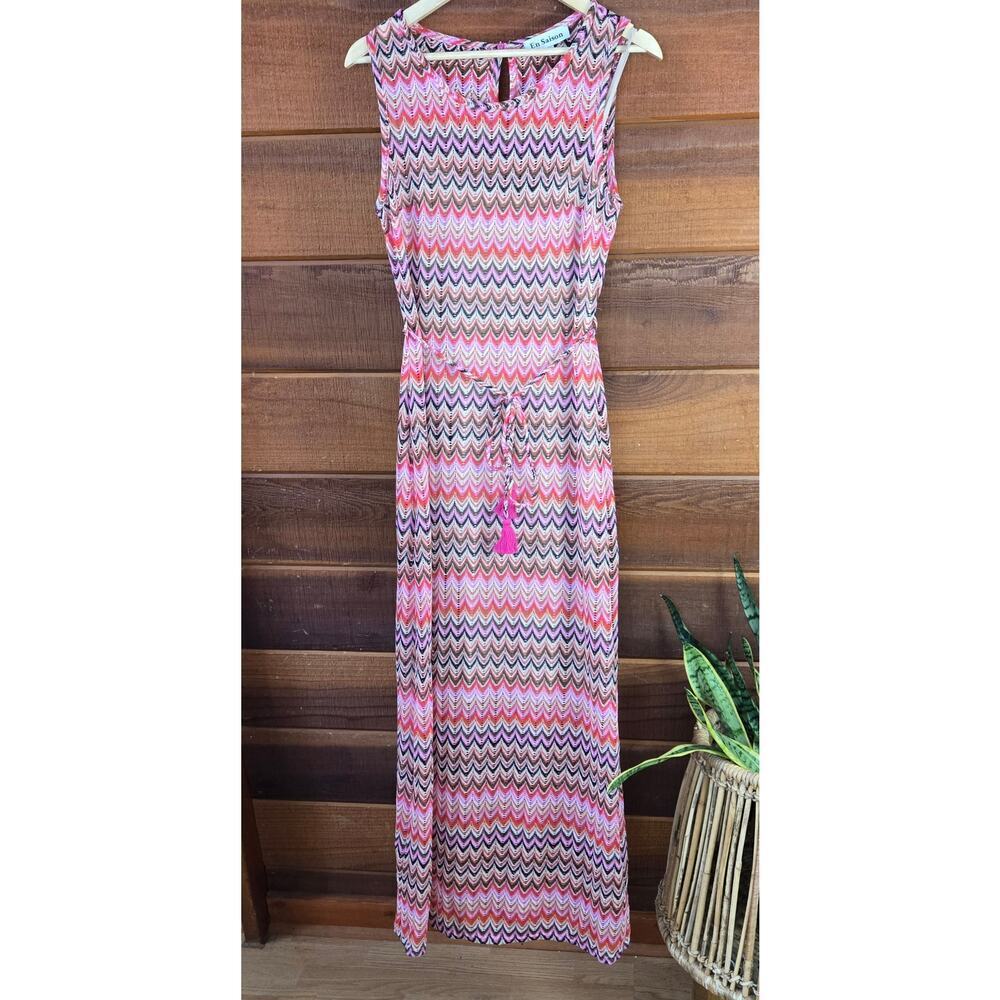 En Saison Womens Open Knit Crotchet Midi Dress Size L Rainbow Beachy Boho Hippie